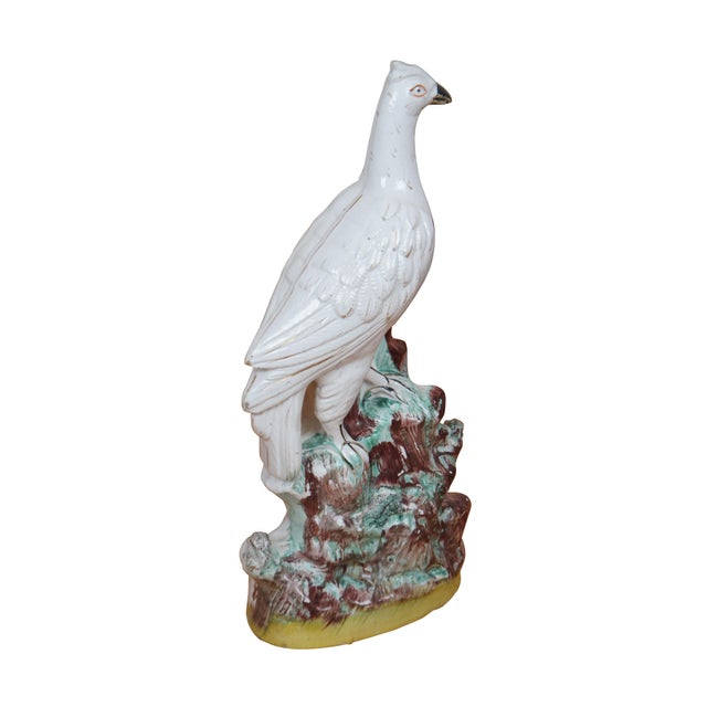 Large antique 19th century English Staffordshire porcelain figurine depicting a white roc bird / oriental pheasant perched...