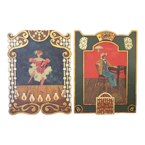 Two Acrylic Paintings on Board of a Cabaret Dancer and Poker Player