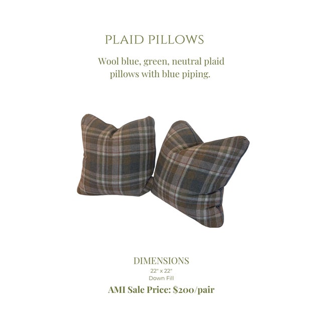 A gorgeous pair of blue Sanderson Wool plaid pillows with contrasting blue Samuel & Sons piping. Pillows are filled with...