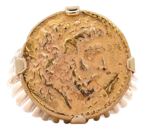 14k Gold Intaglio Zeus Coin Ribbed Band Signet Mens Ring