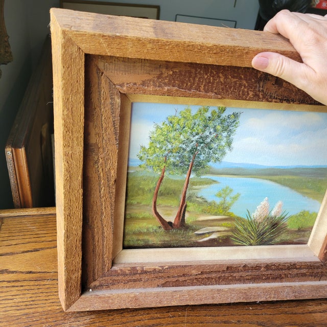 Vintage Original Acrylic Framed Still Life Painting Landscape Serene Yucca Trees River For Sale - Image 6 of 18