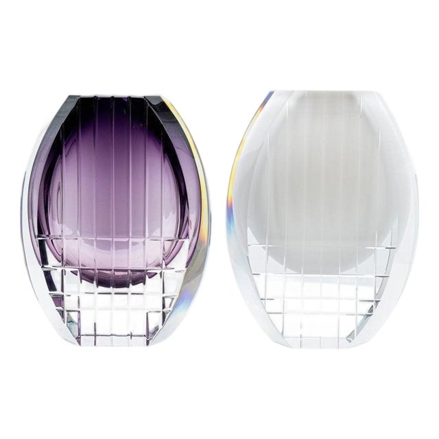 Geometric Violet and Clear Crystal Vases from Baccarat, France, 1988, Set of 2 For Sale