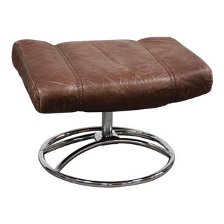 1970s Vintage Ekornes Brown Leather and Chrome Ottoman For Sale