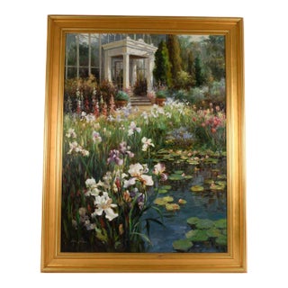 Late 20th Century Framed Signed Zhao Song the Conservatory Garden Oil on Canvas For Sale