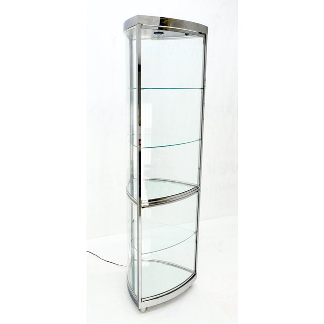 Milo Baughman Rounded Triangle Shape Bowed Glass & Chrome Shelves Display Case Vitrine For Sale - Image 4 of 11