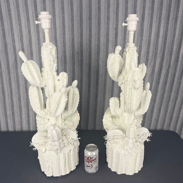 Contemporary 1990s Hand Carved Wood Cactus Lamps Finished in White Plaster - A Pair For Sale - Image 3 of 7