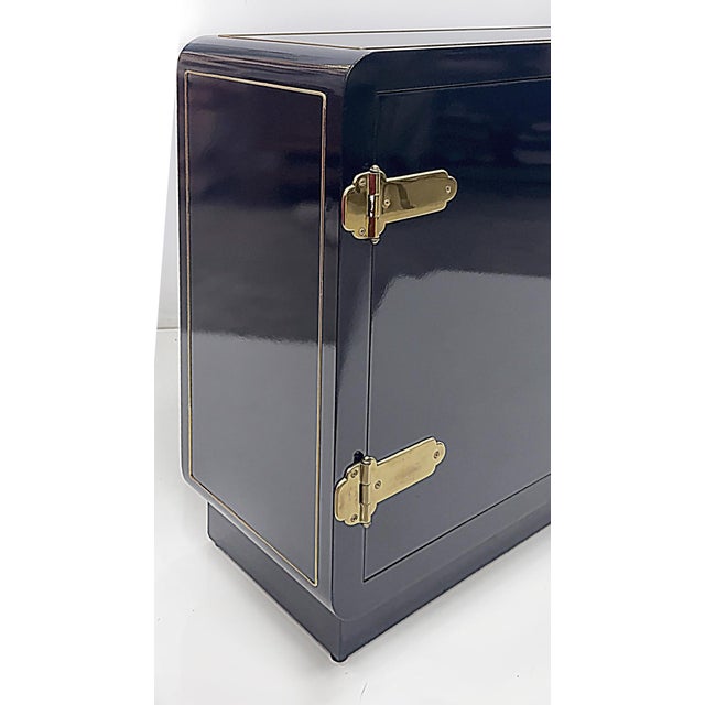 Navy Blue 1970s Newly Lacquered Asian-Theme Mastercraft Cabinet, Overscale Brass Hardware For Sale - Image 8 of 10