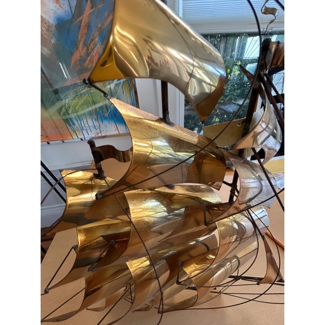 Brass Vintage Modernist John DeMott Brass Sailing Ship Wall Sculpture - Signed & Original Label For Sale - Image 8 of 9