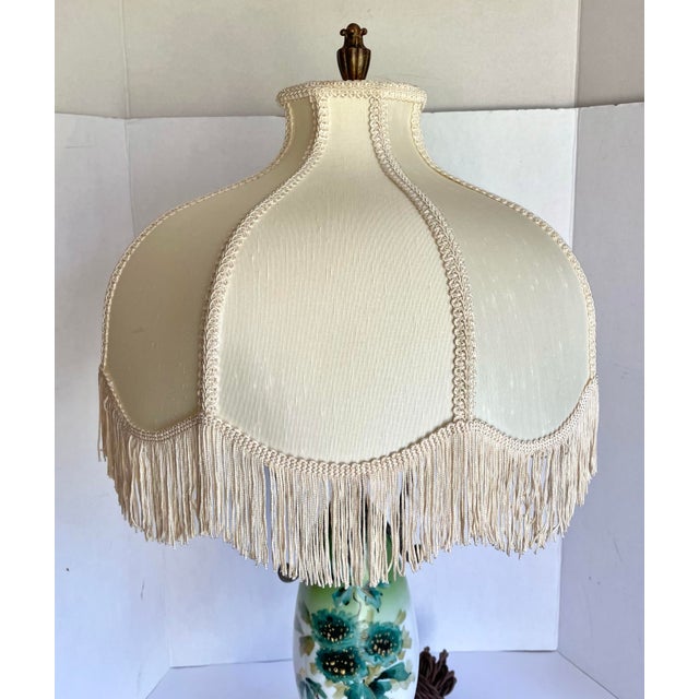 Metal Antique Victorian Revival Hand-Painted Floral Glass Table Lamp With Dolphin Supports For Sale - Image 7 of 12
