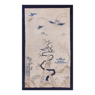 1930s Antique Ivory Scene Pictorial Birds Wool Chinese Peking Knotted Small Rug For Sale