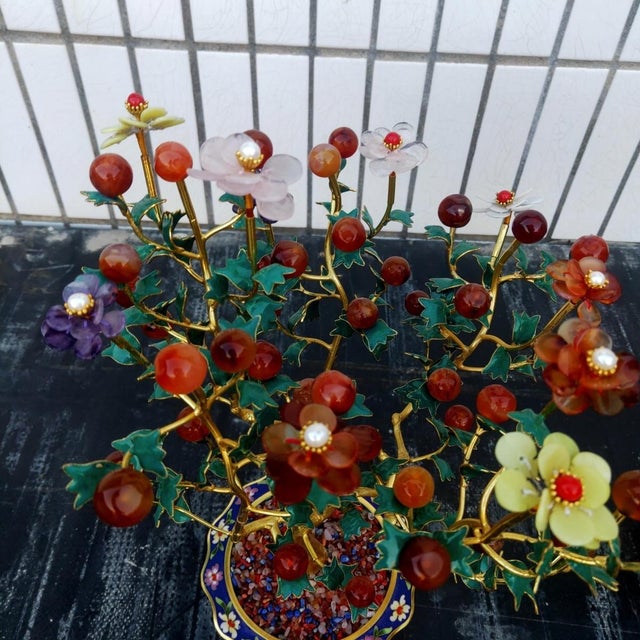 Pair of Vintage Gemstone & Cloisonné Enamel Bonsai Trees – Agate, Crystal & Pearl Fruit For Sale - Image 12 of 12