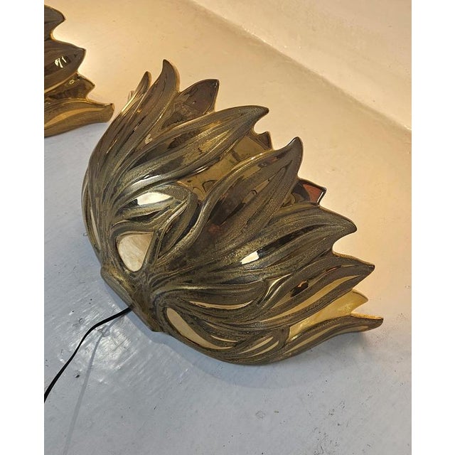 Ceramic Italian Gilt Metal Lotus Flower Wall Sconces, 1980s, Set of 2 For Sale - Image 7 of 13