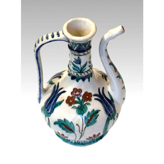 Antique Iznic Turkish Style Ceramic Ewer With Delicate Hand Painted Florals C1900 For Sale - Image 4 of 6