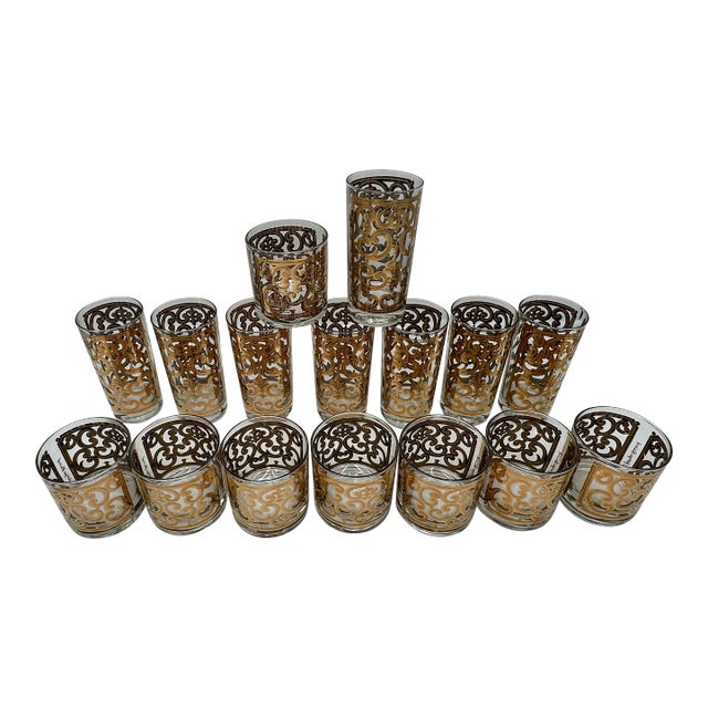 1960s Georges Briard Gilt Decorated Glasses- 16 Pieces For Sale