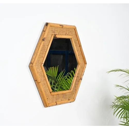 Mid-Century Italian Hexagonal Mirror in Rattam and Bamboo, 1970s For Sale - Image 3 of 11