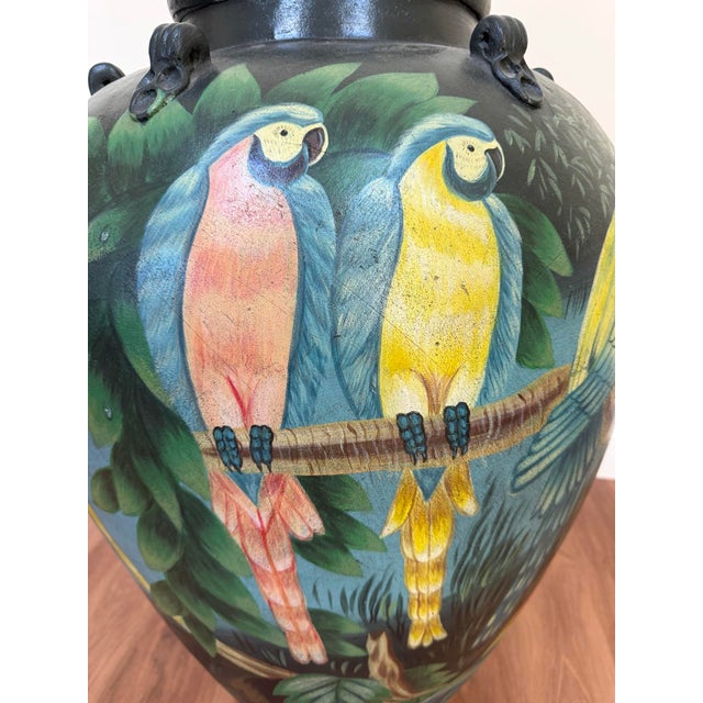 20th Century Hand-Painted Ceramic Urn With Rainforest & Parrot Motif For Sale - Image 14 of 15