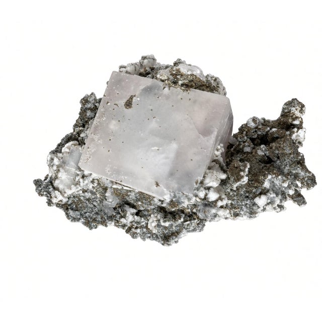 Large Natural Fluorite Cube Crystal Specimen with Pyrite & Calcite Matrix Striking natural mineral specimen featuring a...