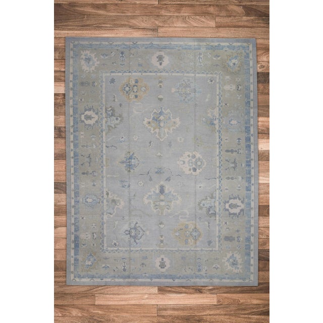 Textile Early 21st Century Gray & Blue Floral Design Handwoven Wool Turkish Oushak Rug 12' X 16'1" For Sale - Image 7 of 8