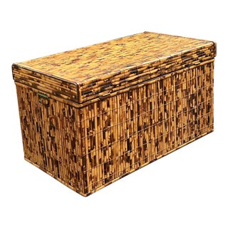 Mid-Century Campaign Style Burnt Bamboo Trunk / Coffee Table For Sale
