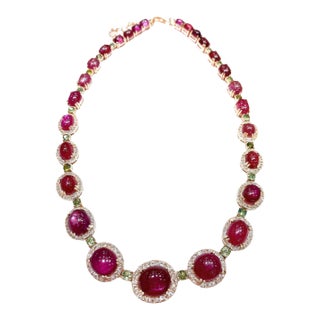 Bochic “Capri” Vintage Ruby, White Topaz & Peridot Necklace Set in 18K & Silver For Sale