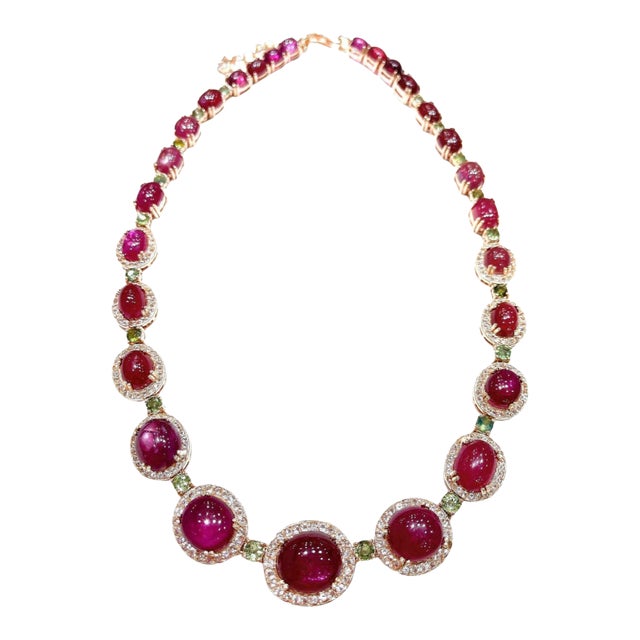 Bochic “Capri” Vintage Ruby, White Topaz & Peridot Necklace Set in 18K & Silver For Sale