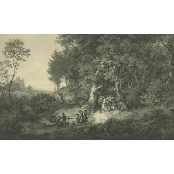 Antique print of a spring landscape, made after a painting by Ludwig Richter. Published circa 1900.