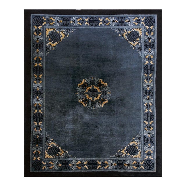 1900s Blue Traditional Shou Symbols Medallion Antique Peking Chinese Knotted Rug For Sale