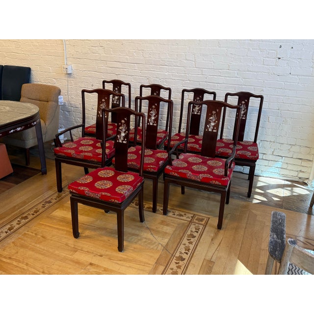 Vintage Qing Style Rosewood Dining Table + Chairs With Mother of Pearl Inlays, Set For Sale - Image 12 of 12