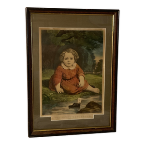 American Americana Currier & Ives Print, Titled the Young Navigator 1858. It Is an Original Hand-Colored Lithograph.