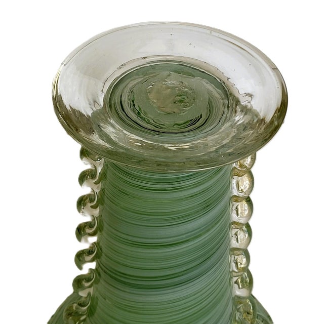 1980s Vintage Murano Green Swirl Hand-Blown Glass Vase With Clear Rigaree Beading, Italy, C. 1980s For Sale - Image 5 of 14