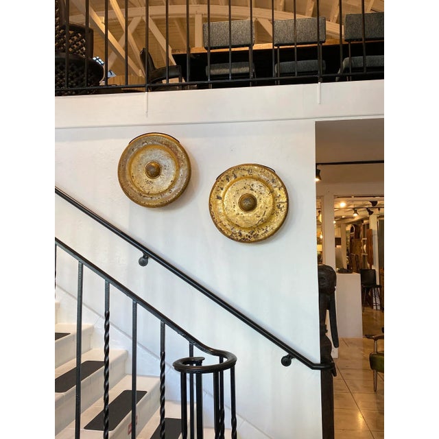 Vintage Gold Bronze Asian Industrial Gong Wall Object For Sale In Los Angeles - Image 6 of 7