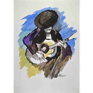 Arturo Pagano, Guitar Player, 1980s, Watercolor For Sale