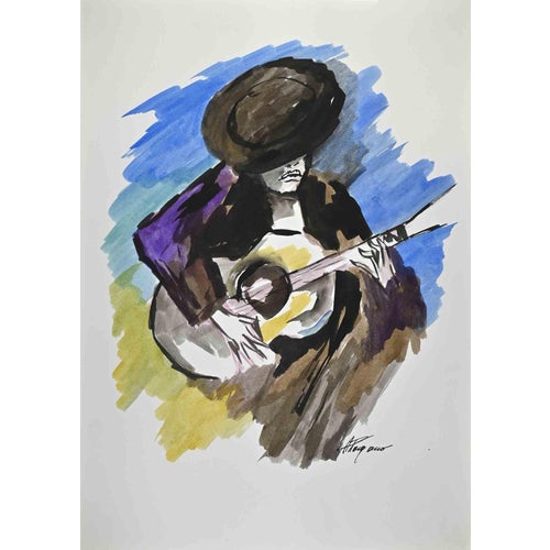 Arturo Pagano, Guitar Player, 1980s, Watercolor For Sale