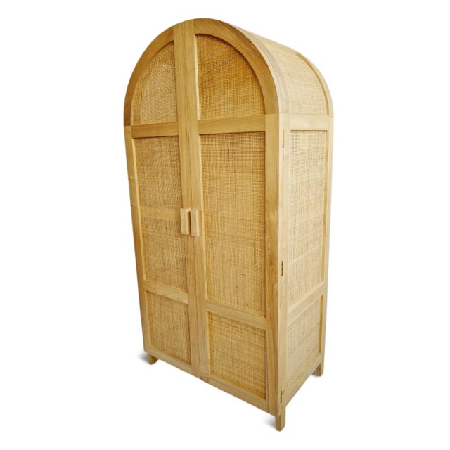 Mid-Century Modern Vintage Natural Teak & Cane Armoire Storage Cabinet For Sale - Image 3 of 9