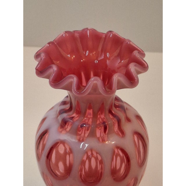 Victorian Cranberry Opalescent Coin Spot Vase Northwood Glass 6" Ruffled Rim Antique Eapg For Sale - Image 9 of 18