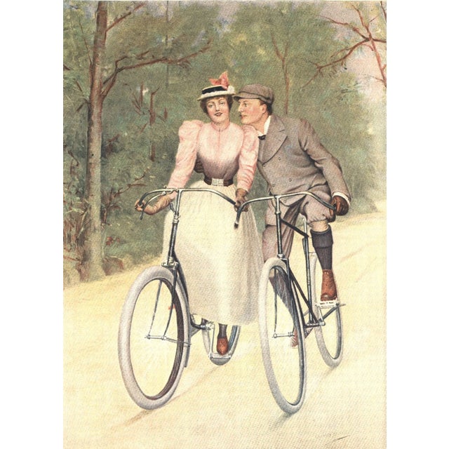 This is a rare French antique chromolithograph that dates to 1893. It features a man and woman flirting with each other as...