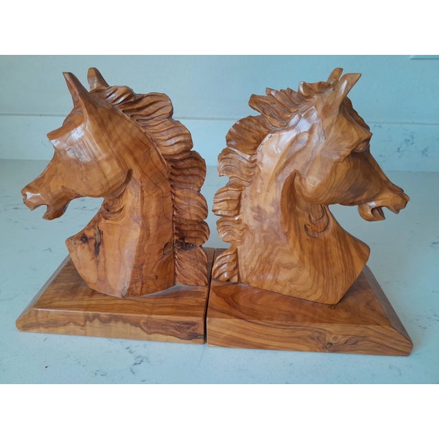 1990s Vintage MCM Exquisite Beechwood Hand Carved Horse Head Bookends-Pair For Sale - Image 5 of 8
