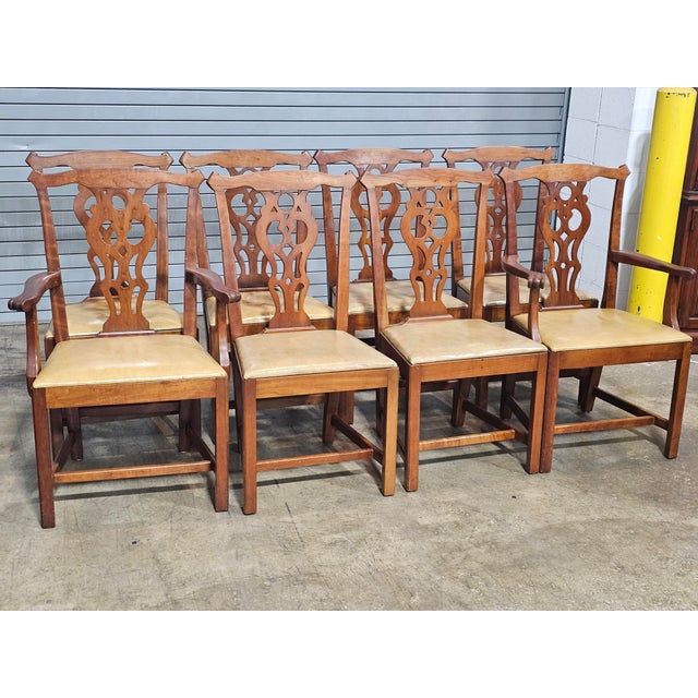Chippendale Set of 8 Stickley Chippendale Solid Cherry Dining Chairs Leather Seats Made Usa For Sale - Image 3 of 15