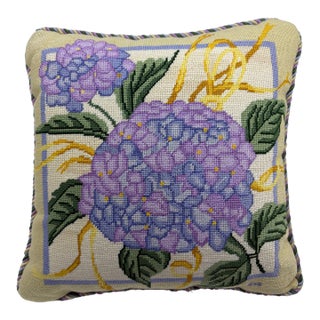 Vintage Blue Hydrangea Needlepoint Pillow For Sale