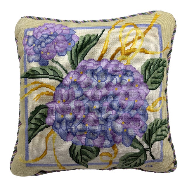Vintage Blue Hydrangea Needlepoint Pillow For Sale