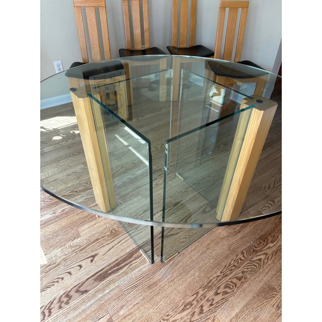 1980s Vintage Italian Glass Table With a Set of 4 Wood and Brown Leather Chairs in the Style of Pietro Costantini For Sale - Image 13 of 18