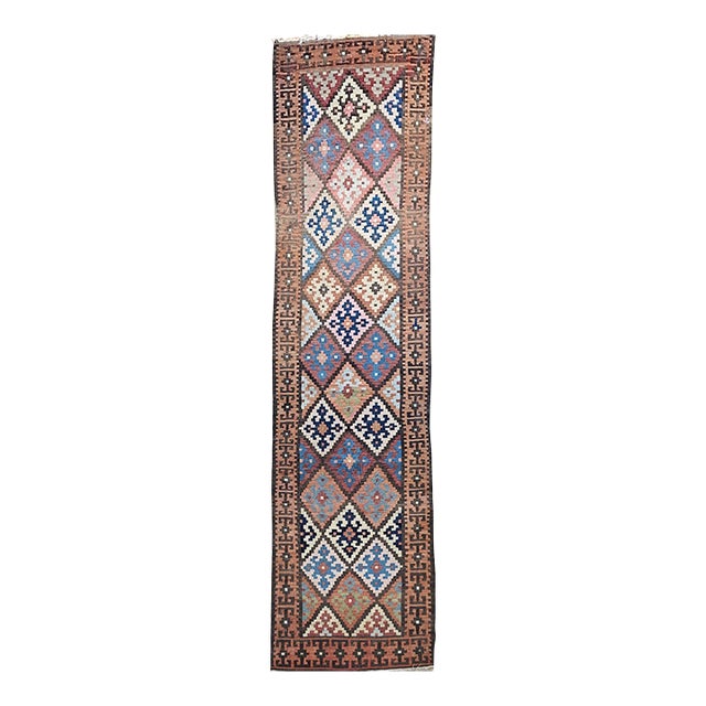 Antique Persian Varamin Kilim Runner, Handwoven Wool, Caucasian Geometric Pattern, 3x12 For Sale