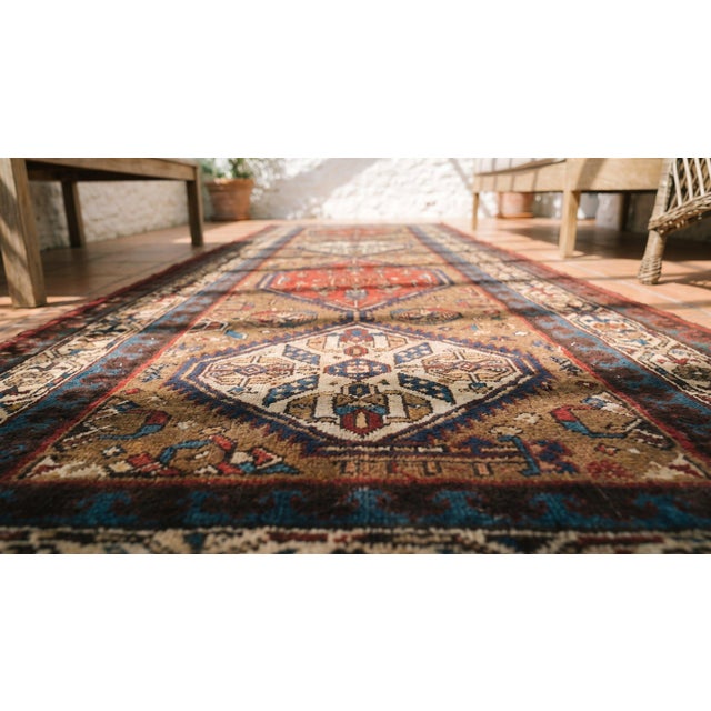 1930s Tan Camel Medallion Antique Persian Serab Rug 3'5" X 13'10" Knotted Pile Wool Carpet For Sale - Image 9 of 9