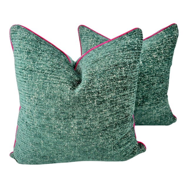 Peacock Blue Chenille Pillow Pair For Sale