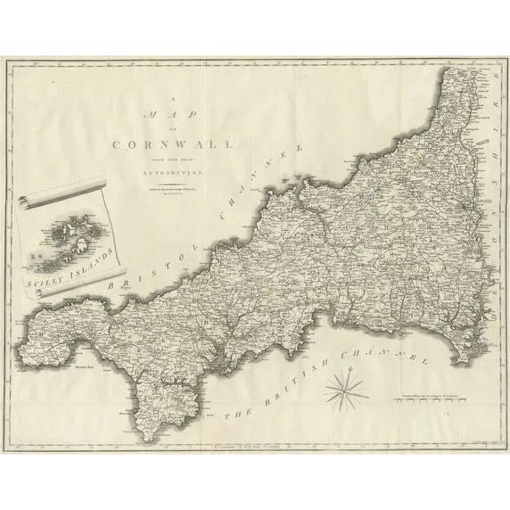Large Antique County Map of Cornwall and the Isles of Scilly, 1805 For Sale