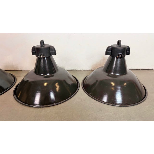 Industrial Black Enamel Pendant Lamps with Cast Iron Top, 1950s, Set of 4 For Sale - Image 6 of 18