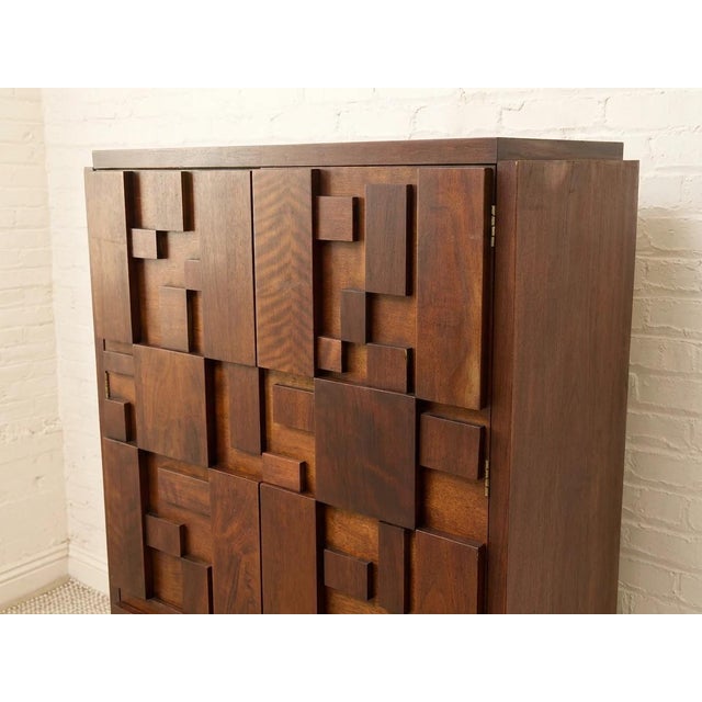 Brutalist Mid 20th Century Styled After Vintage Lane Brutalist Mosaic Wood Highboy Armoire For Sale - Image 3 of 6