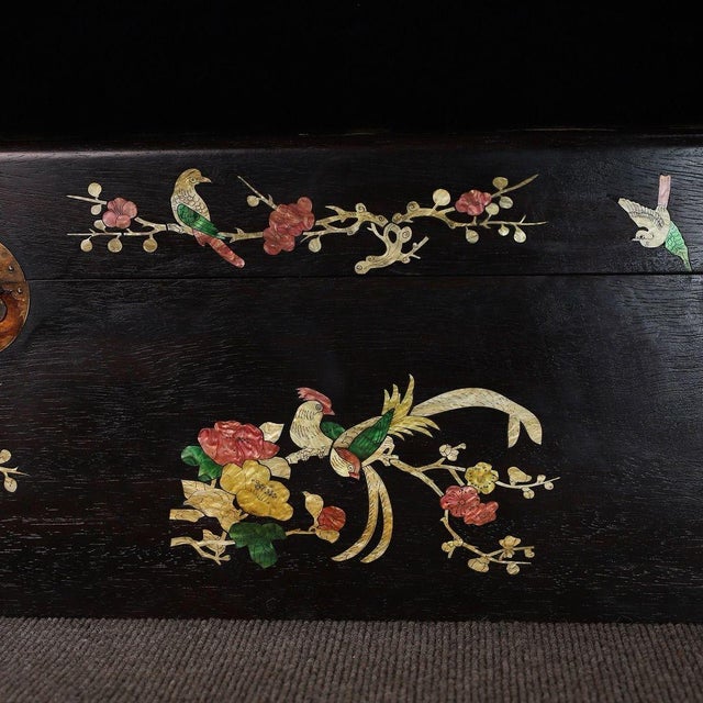 Brown Large Vintage Zitan Wood Treasure Box With Mother-of-Pearl Bird & Floral Inlay For Sale - Image 8 of 10