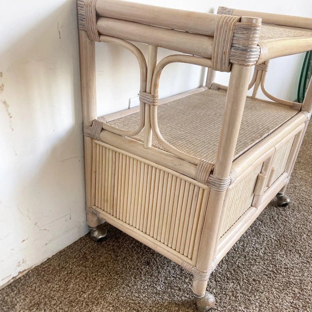 Boho Chic Boho Chic White Washed Bamboo Rattan and Wicker Bar Cart For Sale - Image 3 of 8