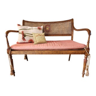 Late 20th Century Adams Style Settee With Caned Medallion and Hand Painted Adornments For Sale
